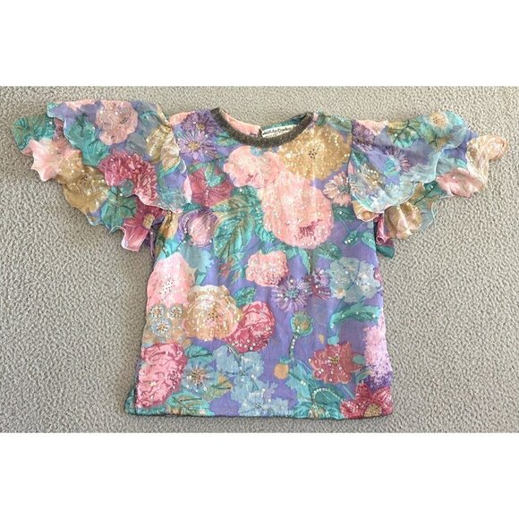 Vintage Judith Ann Creations Silk Beaded Blouse Sequin Pastels Flutter - Picture 1 of 16